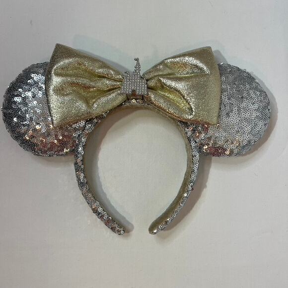 Disney Parks Minnie Ears Silver Sequins Headband with Gold Bow Diamond Castle‎ - Picture 8 of 13